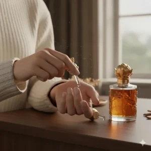 A woman gently dabbing high-quality musk oil perfume onto her pulse points for a long-lasting scent.