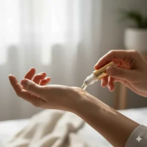 A close-up illustration showing how to apply roll on oil perfume to the pulse points of the wrist.
