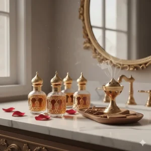 An aesthetic arrangement of ornate Arabic perfume oil bottles on a marble vanity next to an incense burner.