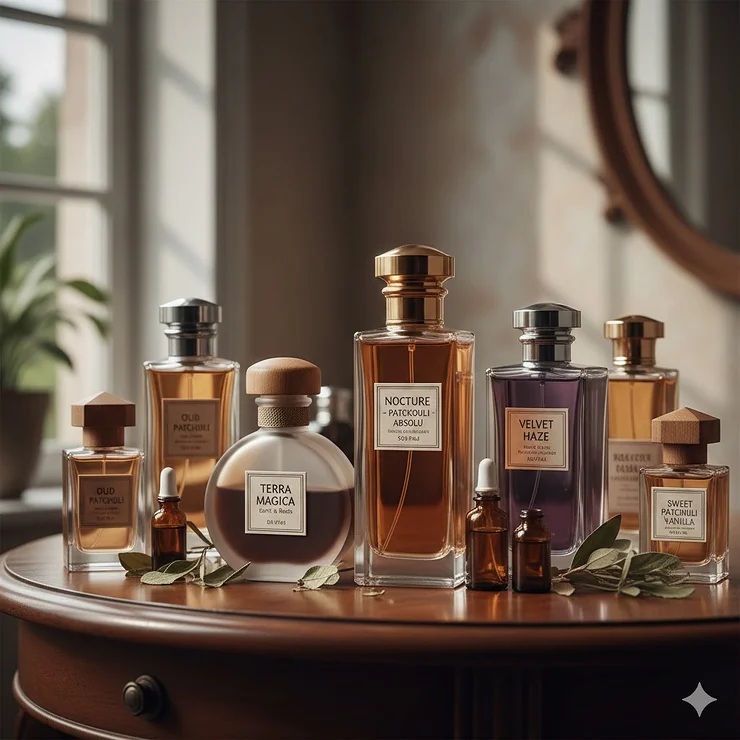 A collection of elegant perfume bottles featuring the best patchouli perfumes for men and women, showcasing their rich, earthy scents.