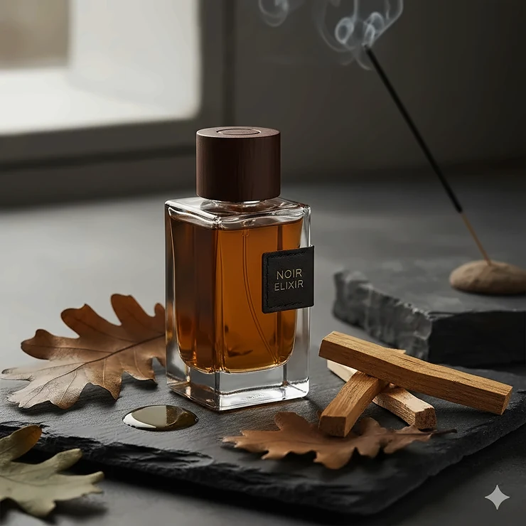 A luxury glass bottle of long-lasting perfume oil for men set against a dark wooden background.