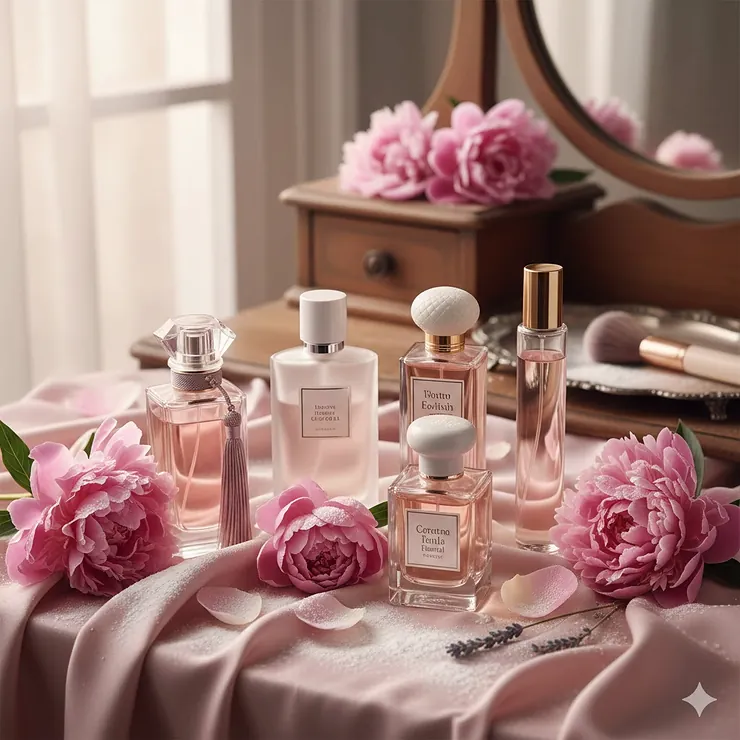 A collection of the best powdery floral perfume bottles arranged on a silk cloth with soft pink peonies.