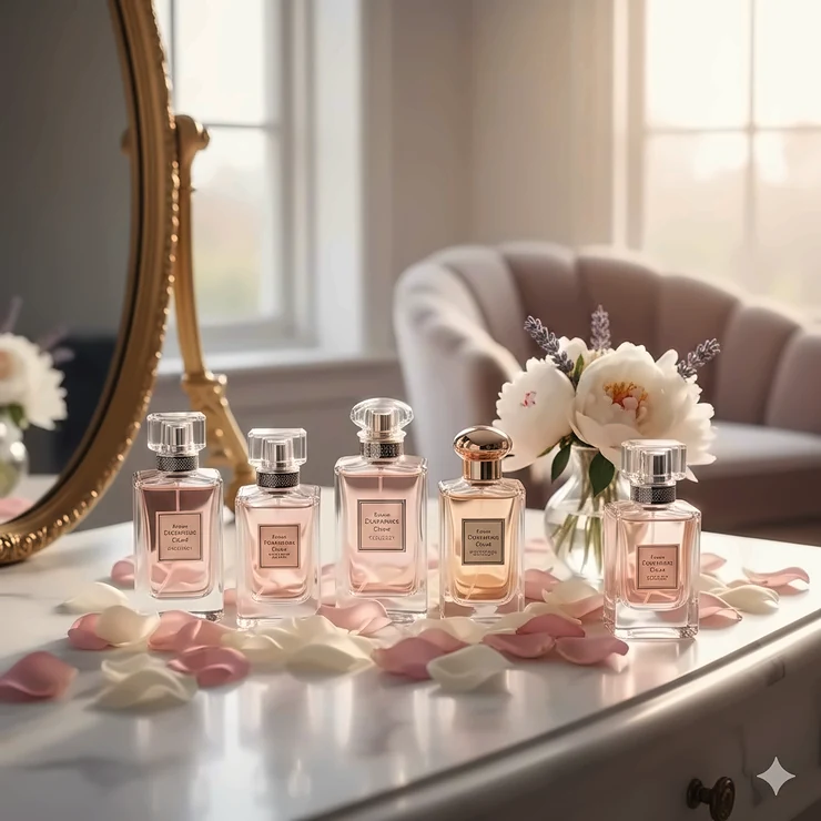 A luxury collection of romantic floral perfumes for women arranged on a vanity with fresh rose petals and soft morning light. best romantic floral perfumes for women