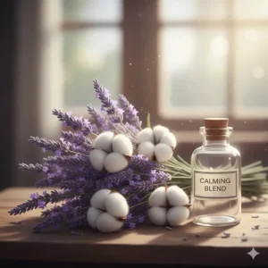 A digital drawing of lavender sprigs and soft cotton, highlighting calming and romantic floral perfume notes.