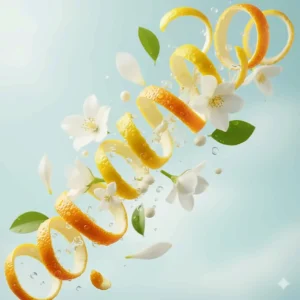 Illustration showing citrus zest and white flower petals representing the top notes of a fresh floral perfume for spring.