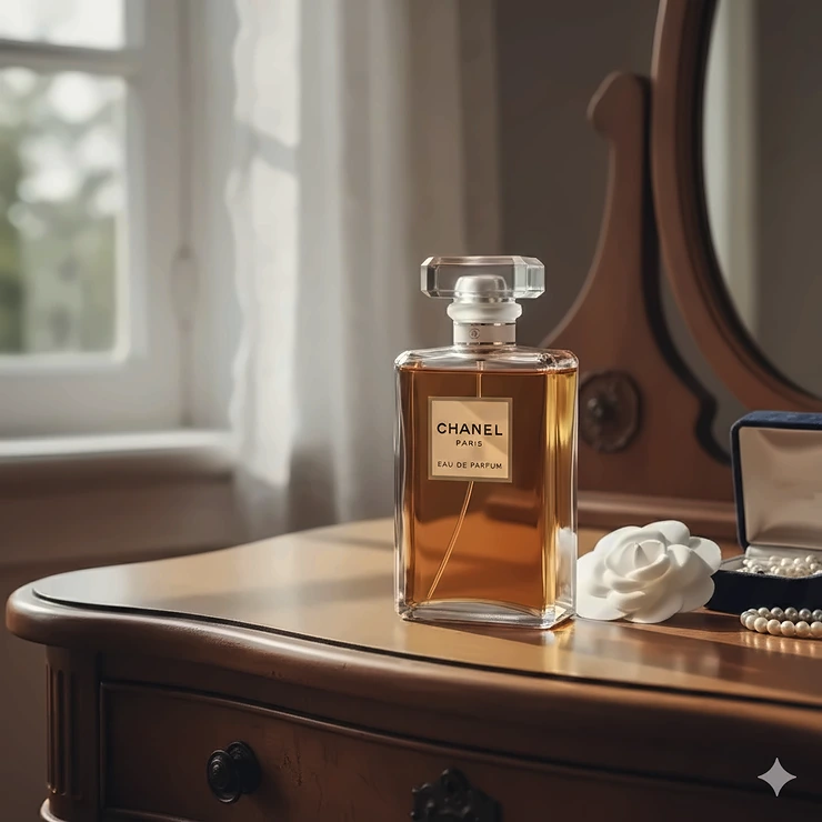 Classic bottle of a famous aldehyde perfume, such as Chanel No. 5, illustrating the impact and history of aldehyde perfumes in the fragrance industry.