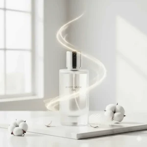 A clean, minimalist image representing the light, powdery, and airy scent of modern white musk oil perfume.