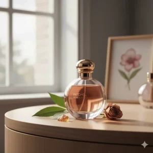 An elegant, rounded bottle of women's eau de parfum featuring patchouli mixed with floral and amber notes.