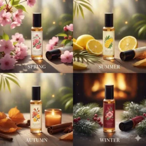A collection of floral, woody, and musk-based perfume oils for women suitable for different seasons.