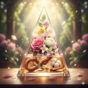 A diagram showing the top, middle, and base notes of a classic romantic floral fragrance for women.