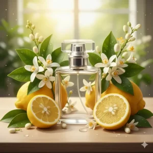 A bright illustration of orange blossoms and sliced bergamot, representing refreshing floral perfume options.