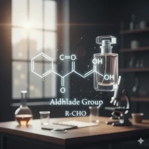 Diagram showing the general chemical structure of an aldehyde functional group ($mathrm{-CHO}$), the key molecular component in aldehyde perfume.