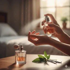 A person's hand carefully layering two different fragrances, demonstrating how to blend and enhance a favorite patchouli perfume.