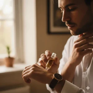 Illustration showing the correct way to apply perfume oil for men on pulse points for a longer-lasting scent.