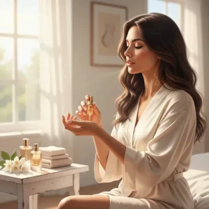 An illustration showing a woman applying perfume oil to her wrist and neck pulse points for a better scent trail.