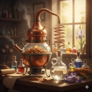 An illustration showing a steam distillation apparatus used in the essential oil extraction process to obtain the absolute from orris root for iris in perfume.