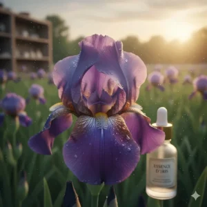A close-up, artistic shot of a deep purple and blue iris flower, often used to source the precious, earthy ingredient for luxury iris in perfume.