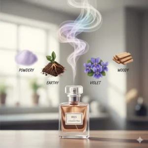 A graphic illustrating the distinct scent notes of iris in perfume: powdery, earthy, violet, and slightly woody.