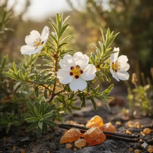 Illustration of the Cistus ladanifer flower, a key botanical source for the amber scent.