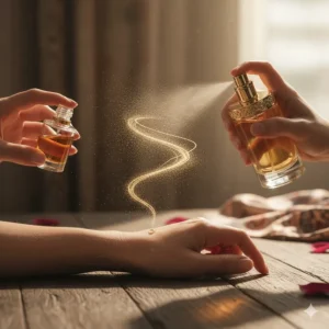 Visual guide showing how to layer Arabic perfume oil with a traditional EDP spray for a deeper scent profile.