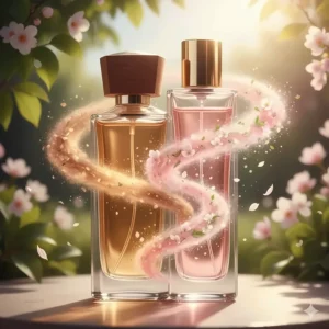 Illustration of two perfume bottles overlapping to demonstrate layering a fresh floral perfume with a light woodsy scent for spring.