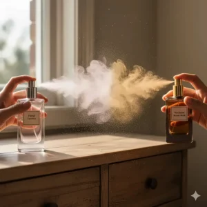 Graphic demonstrating how to layer two different musky women's perfumes to create a custom scent.