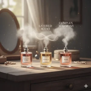 A diagram showing how to layer the best powdery floral perfume with vanilla or musk base notes.