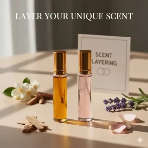 Two different roll on oil perfume bottles side-by-side to illustrate the concept of scent layering.