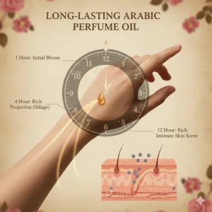 An infographic illustrating the 12-hour scent longevity and skin absorption of alcohol-free Arabic perfume oil.