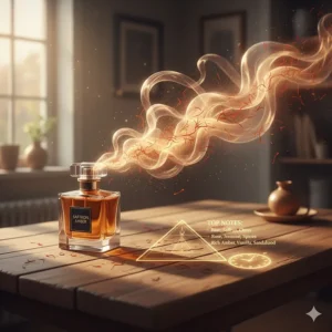 A detailed visual of the perfume's aromatic layers, emphasizing the long-lasting quality of the saffron amber scent.