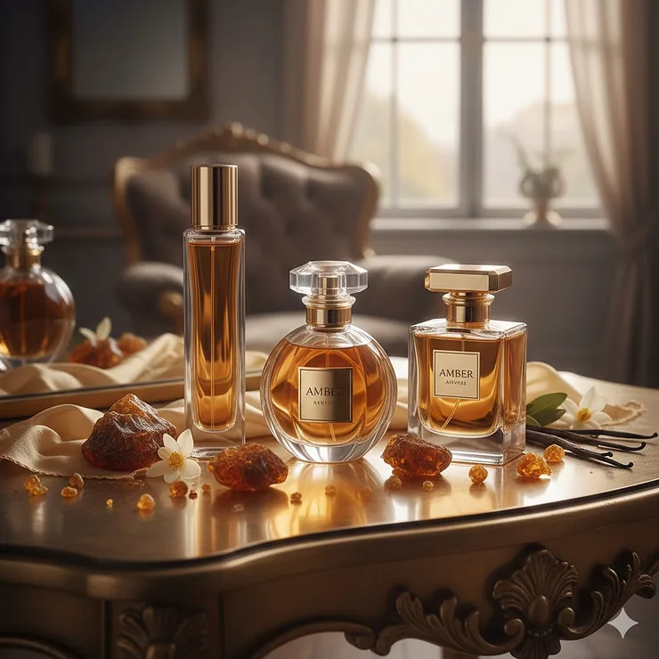 A collection of luxury amber fragrance perfumes in elegant glass bottles on a gold vanity.