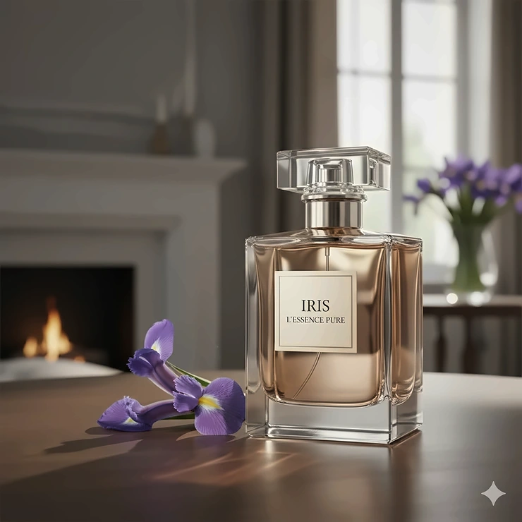 An elegant, minimalist bottle of a modern fragrance with iris in perfume, showcasing the luxury and sophistication of the ingredient.