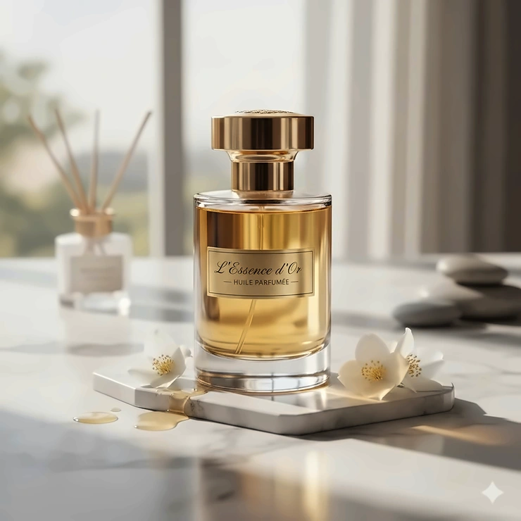 A luxury glass bottle of perfume with oil based formula sitting on a marble surface with soft lighting.
