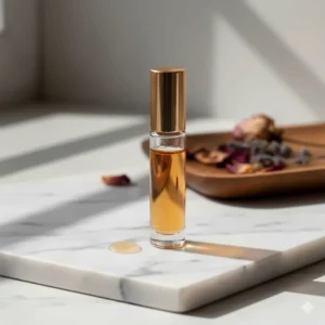 A luxury glass roll on oil perfume bottle with a gold cap sitting on a marble surface.