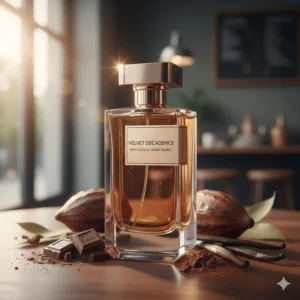 A contemporary, sleek gourmand perfume bottle that features patchouli blended with sweet notes like vanilla or chocolate.