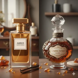 A comparison of modern and vintage amber perfume bottle designs and aesthetics.