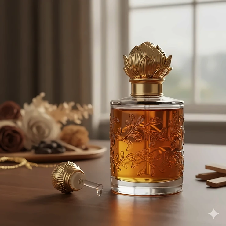A luxurious glass bottle of pure musk oil perfume, showcasing its rich, amber-gold color.
