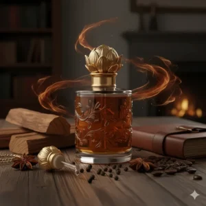 A masculine scent profile illustration highlighting how musk oil perfume is blended with woods and spice for men.