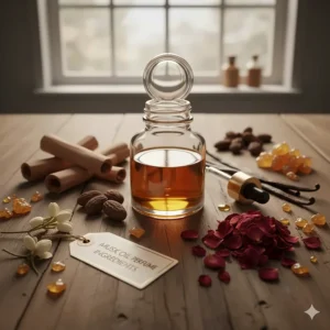 Close-up of key ingredients used in musk oil perfume, including amber, sandalwood, and floral notes.