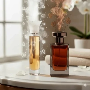 A visual comparing the light, clean scent of white amber in this perfume versus a darker, traditional amber fragrance.