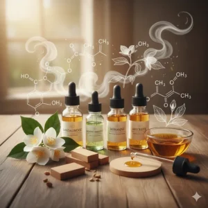 A botanical illustration of jasmine and sandalwood used in natural perfume oil for women.