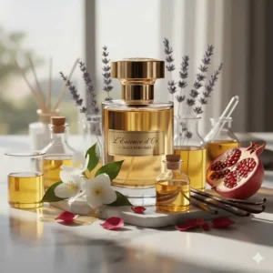 Various botanical oils and flower petals surrounding a bottle of perfume with oil based concentration.