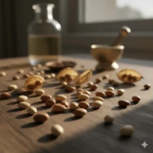 Close-up illustration of ambrette seeds, a natural source of a soft, sophisticated musky note in women's perfume.