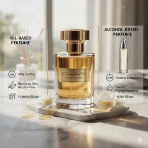 An infographic comparing traditional spray scents to a more concentrated perfume with oil based carrier.