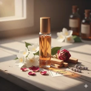 An illustration of a perfume oil bottle surrounded by jasmine flowers and sandalwood to represent natural ingredients.