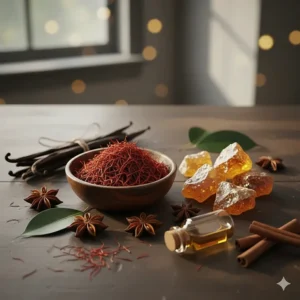 A collection of exotic oriental fragrance ingredients, including saffron, amber, and vanilla, defining the saffron amber perfume genre.