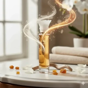 A creative graphic illustrating the deep oriental and light woody scent profile of the beautiful Amber White perfume.