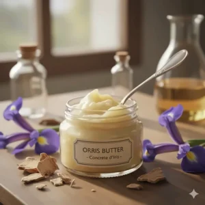 A visual representation of the waxy, pale yellow orris butter, or 'concrete,' which is the concentrated form of the scent derived from the iris root.