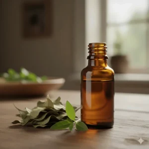 A small, dark apothecary bottle containing pure patchouli essential oil, the key ingredient in the best patchouli perfume blends.
