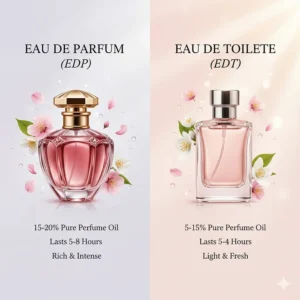 An infographic explaining the difference between Eau de Parfum and Eau de Toilette for fresh floral spring scents.